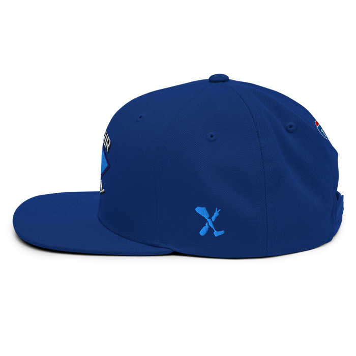 Left angle of the MAS Kansas City Wheelchair Softball Diamond Royal Blue Flat Bill Snapback against a white background