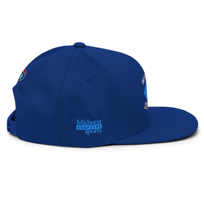 Right angle of the MAS Kansas City Wheelchair Softball Diamond Royal Blue Flat Bill Snapback against a white background