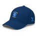 Front left angle of the MAS Kansas City Wheelchair Softball Diamond Royal Blue Flexfit Curved Bill Fitted against a white background