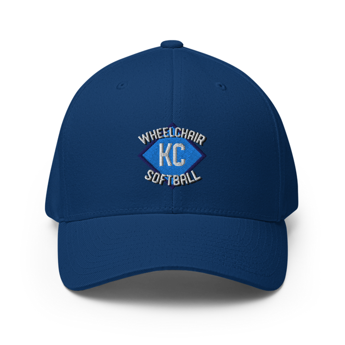 Front angle of the MAS Kansas City Wheelchair Softball Diamond Royal Blue Flexfit Curved Bill Fitted against a white background