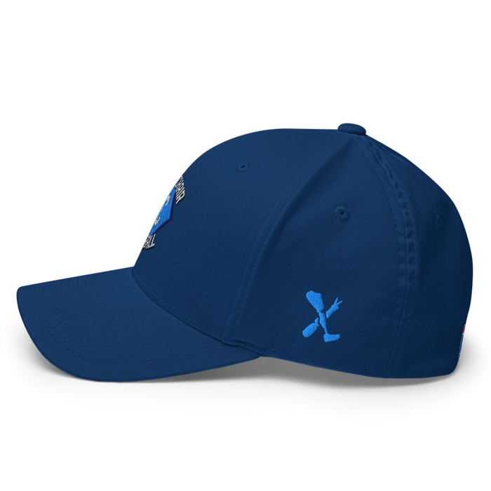 Left angle of the MAS Kansas City Wheelchair Softball Diamond Royal Blue Flexfit Curved Bill Fitted against a white background