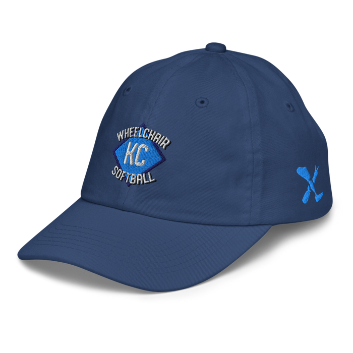 Front left angle of the MAS Kansas City Wheelchair Softball Diamond Royal Youth Dad Hat against a white background