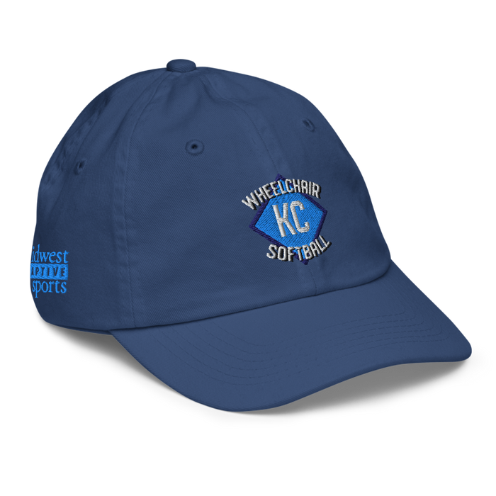 Front right angle of the MAS Kansas City Wheelchair Softball Diamond Royal Youth Dad Hat against a white background