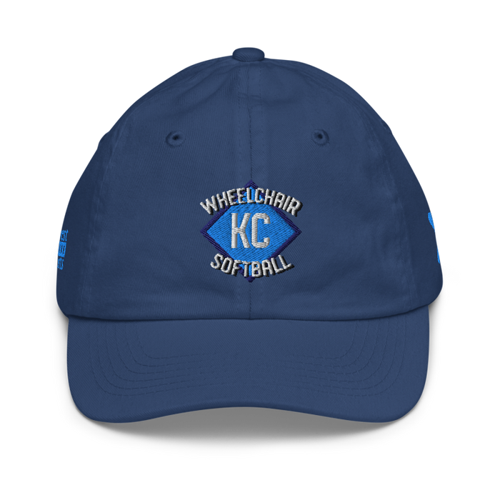 Front angle of the MAS Kansas City Wheelchair Softball Diamond Royal Youth Dad Hat against a white background