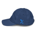 Left angle of the MAS Kansas City Wheelchair Softball Diamond Royal Youth Dad Hat against a white background