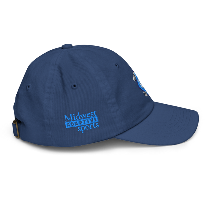 Right angle of the MAS Kansas City Wheelchair Softball Diamond Royal Youth Dad Hat against a white background