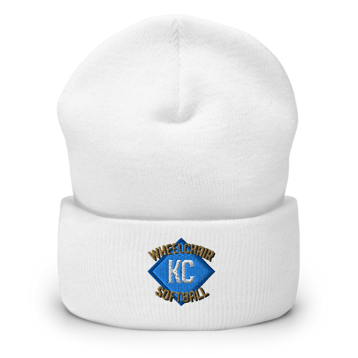 Front angle of the MAS Kansas City Wheelchair Softball Diamond White Beanie against a white background