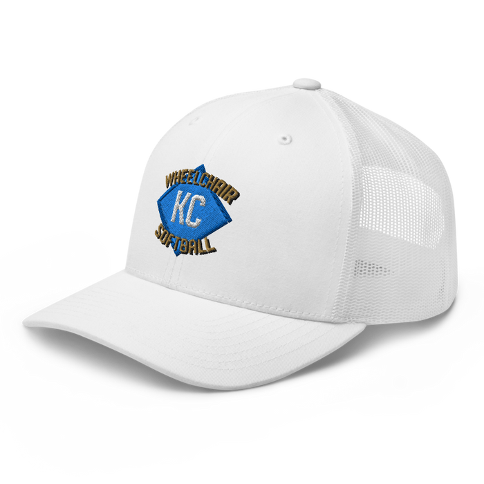 Front left angle of the MAS Kansas City Wheelchair Softball Diamond White Curved Bill Trucker Snapback against a white background