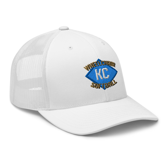 Front right angle of the MAS Kansas City Wheelchair Softball Diamond White Curved Bill Trucker Snapback against a white background