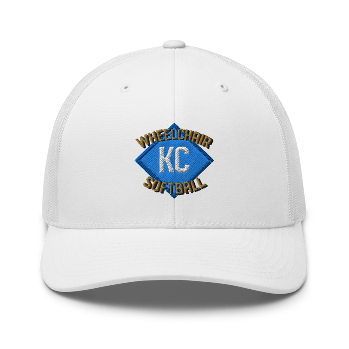 Front angle of the MAS Kansas City Wheelchair Softball Diamond White Curved Bill Trucker Snapback against a white background