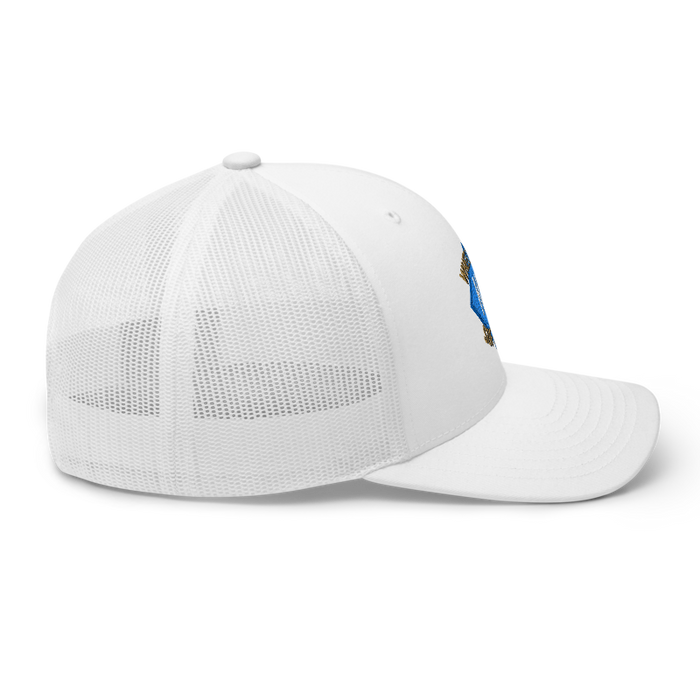 Right angle of the MAS Kansas City Wheelchair Softball Diamond White Curved Bill Trucker Snapback against a white background