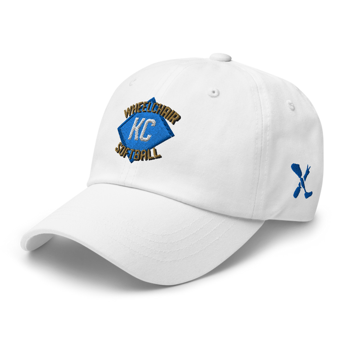 Front left angle of the MAS Kansas City Wheelchair Softball Diamond White Dad Hat against a white background