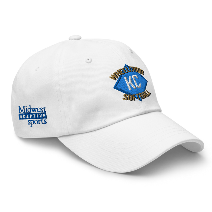 Front right angle of the MAS Kansas City Wheelchair Softball Diamond White Dad Hat against a white background