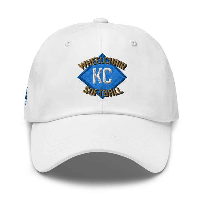 Front angle of the MAS Kansas City Wheelchair Softball Diamond White Dad Hat against a white background