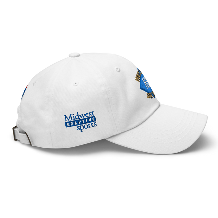 Right angle of the MAS Kansas City Wheelchair Softball Diamond White Dad Hat against a white background