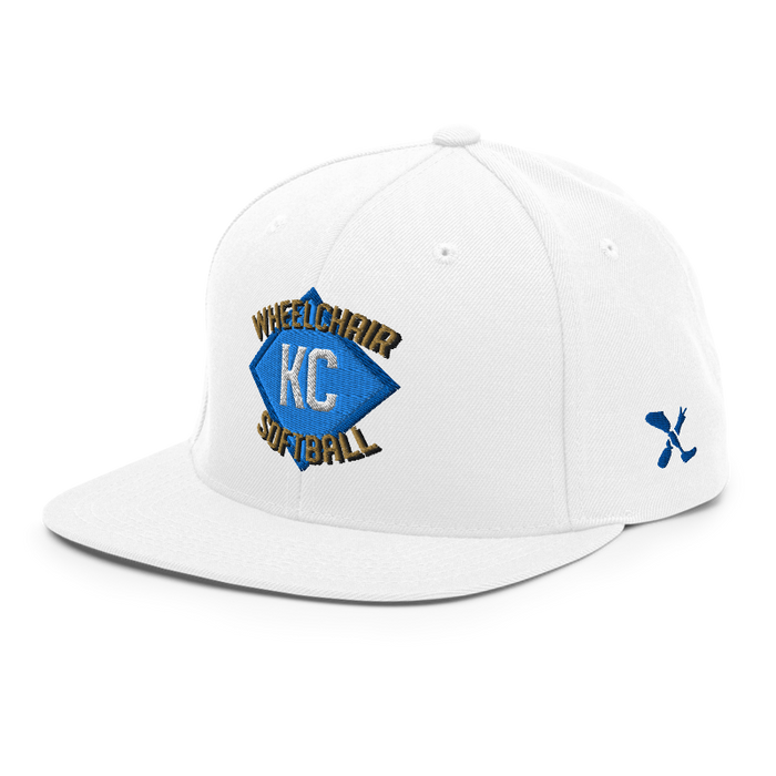 Front left angle of the MAS Kansas City Wheelchair Softball Diamond White Flat Bill Snapback against a white background
