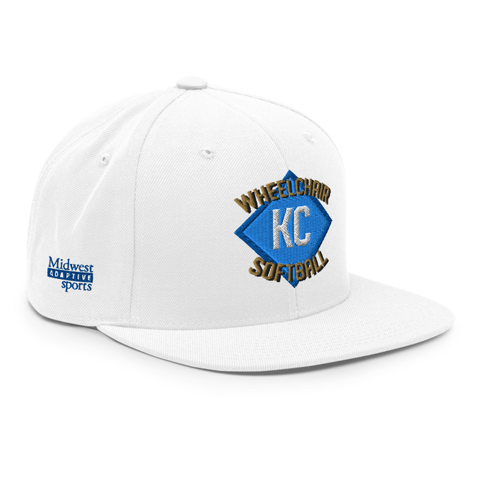 Front right angle of the MAS Kansas City Wheelchair Softball Diamond White Flat Bill Snapback against a white background