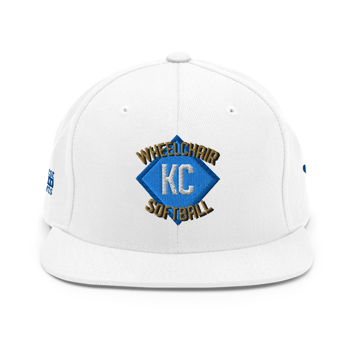 Front angle of the MAS Kansas City Wheelchair Softball Diamond White Flat Bill Snapback against a white background