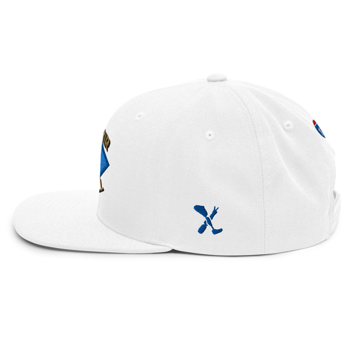 Left angle of the MAS Kansas City Wheelchair Softball Diamond White Flat Bill Snapback against a white background