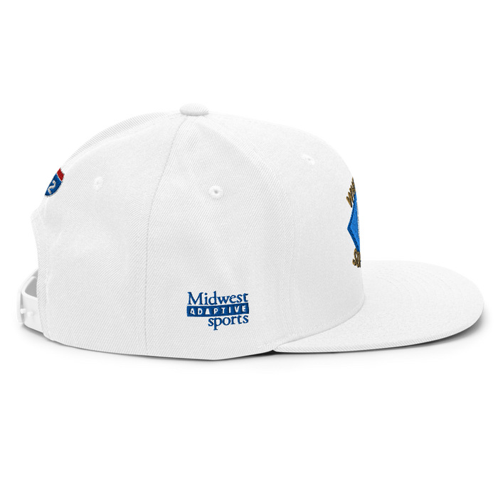 Right angle of the MAS Kansas City Wheelchair Softball Diamond White Flat Bill Snapback against a white background