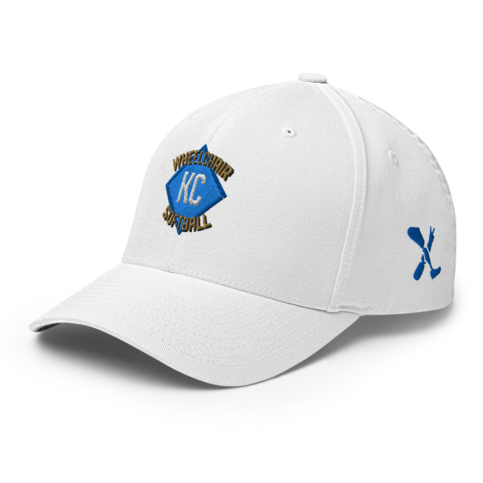 Front left angle of the MAS Kansas City Wheelchair Softball Diamond White Flexfit Curved Bill Fitted against a white background