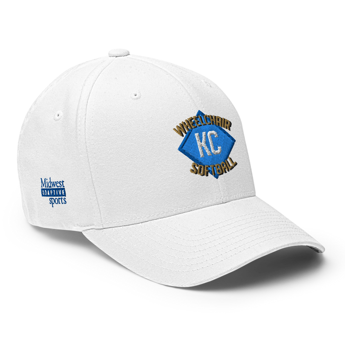 Front right angle of the MAS Kansas City Wheelchair Softball Diamond White Flexfit Curved Bill Fitted against a white background