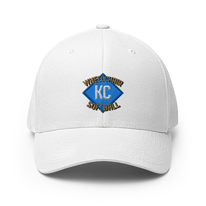 Front angle of the MAS Kansas City Wheelchair Softball Diamond White Flexfit Curved Bill Fitted against a white background