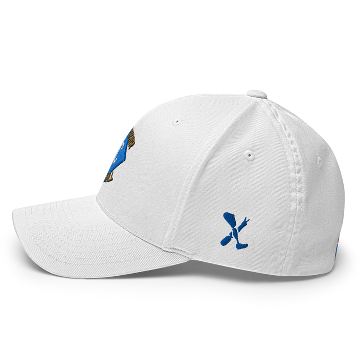 Left angle of the MAS Kansas City Wheelchair Softball Diamond White Flexfit Curved Bill Fitted against a white background