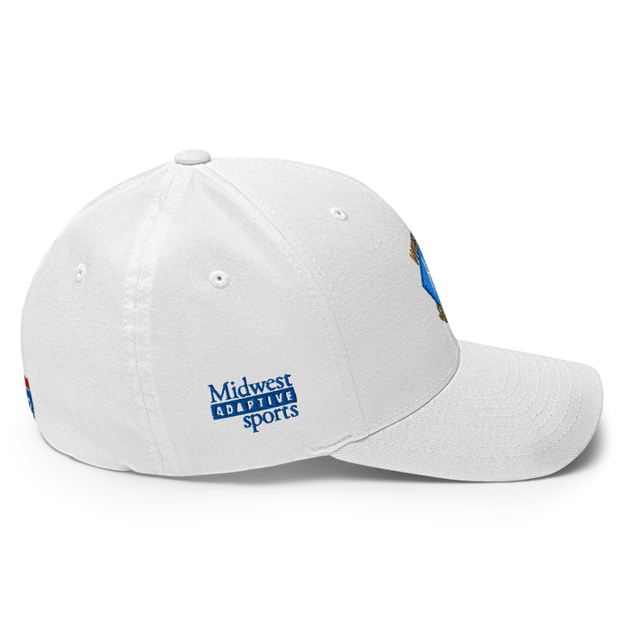Right angle of the MAS Kansas City Wheelchair Softball Diamond White Flexfit Curved Bill Fitted against a white background