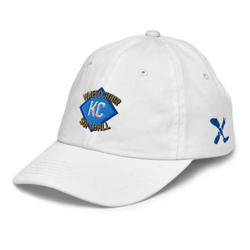Front left angle of the MAS Kansas City Wheelchair Softball Diamond White Youth Dad Hat against a white background