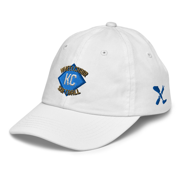 Front left angle of the MAS Kansas City Wheelchair Softball Diamond White Youth Dad Hat against a white background