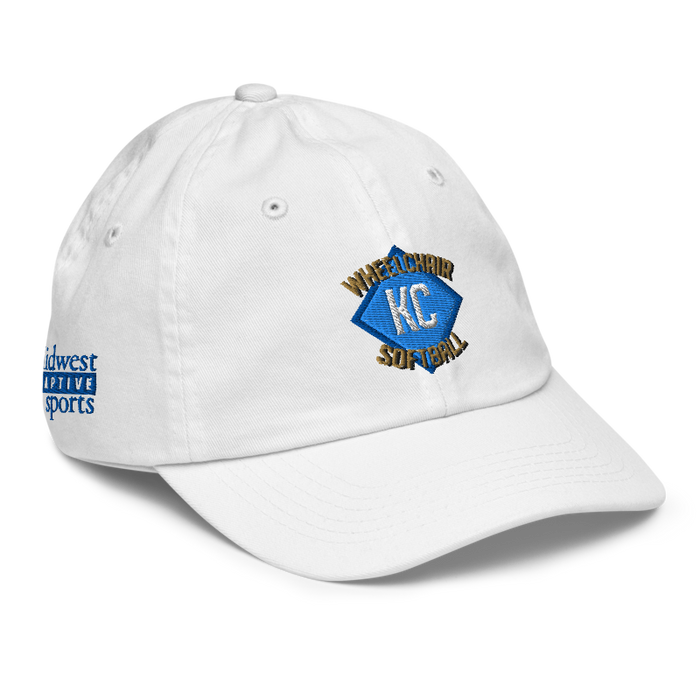 Front right angle of the MAS Kansas City Wheelchair Softball Diamond White Youth Dad Hat against a white background