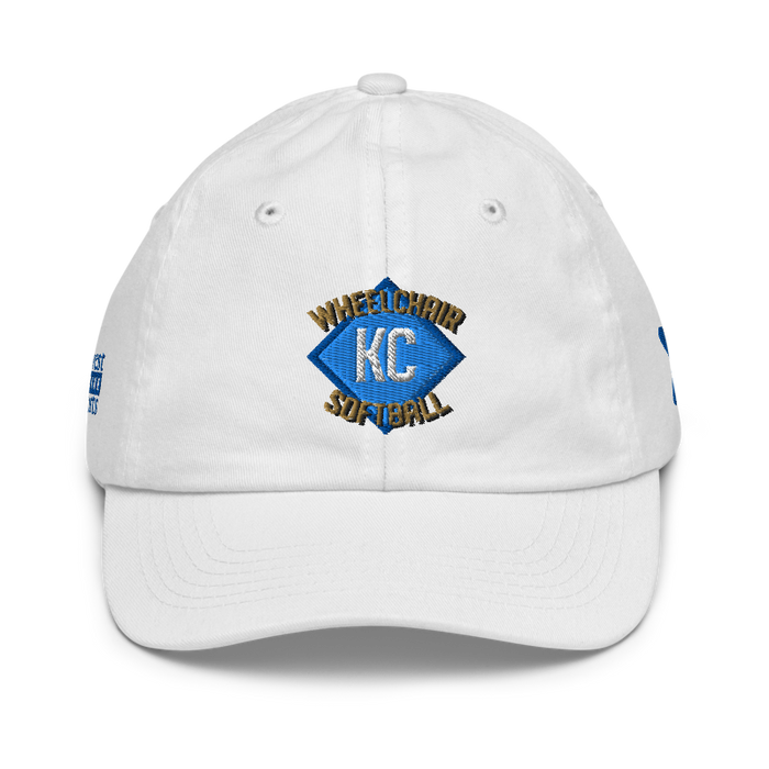 Front angle of the MAS Kansas City Wheelchair Softball Diamond White Youth Dad Hat against a white background
