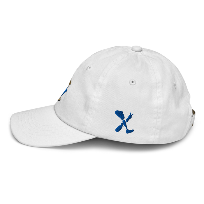 Left angle of the MAS Kansas City Wheelchair Softball Diamond White Youth Dad Hat against a white background