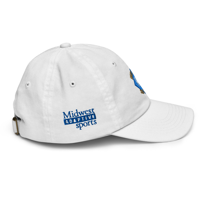 Right angle of the MAS Kansas City Wheelchair Softball Diamond White Youth Dad Hat against a white background