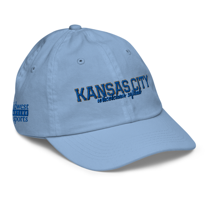 Front right angle of the MAS Kansas City Wheelchair Softball Script Baby Blue Youth Dad Hat against a white background