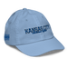 Front right angle of the MAS Kansas City Wheelchair Softball Script Baby Blue Youth Dad Hat against a white background