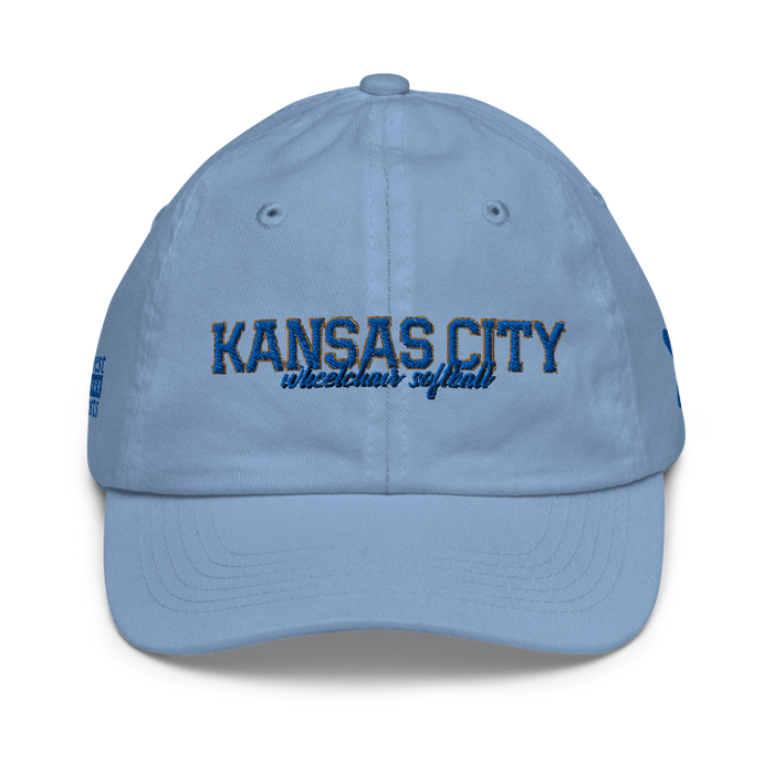 Front angle of the MAS Kansas City Wheelchair Softball Script Baby Blue Youth Dad Hat against a white background