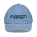 Front angle of the MAS Kansas City Wheelchair Softball Script Baby Blue Youth Dad Hat against a white background