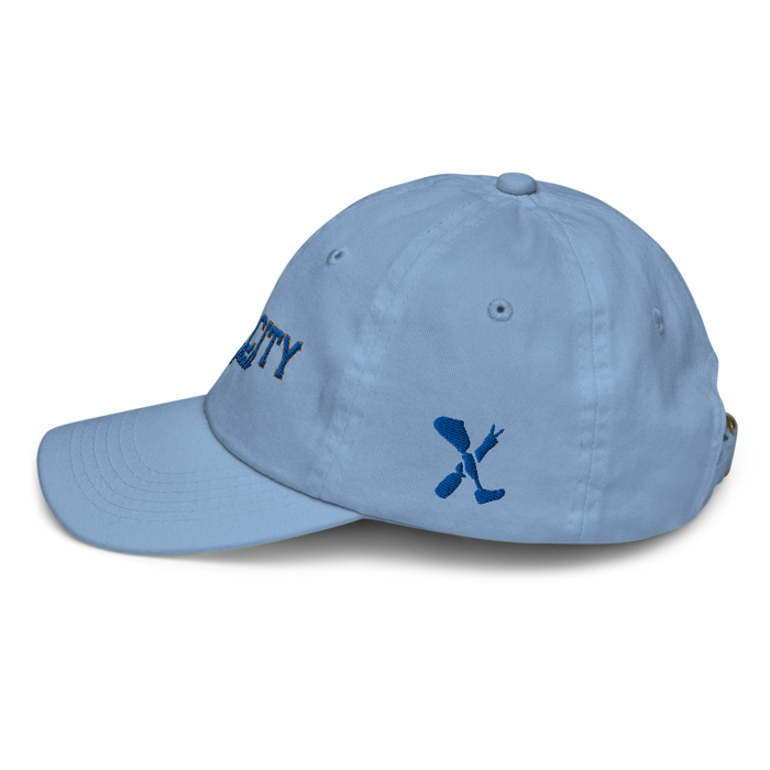 Left angle of the MAS Kansas City Wheelchair Softball Script Baby Blue Youth Dad Hat against a white background