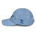 Left angle of the MAS Kansas City Wheelchair Softball Script Baby Blue Youth Dad Hat against a white background