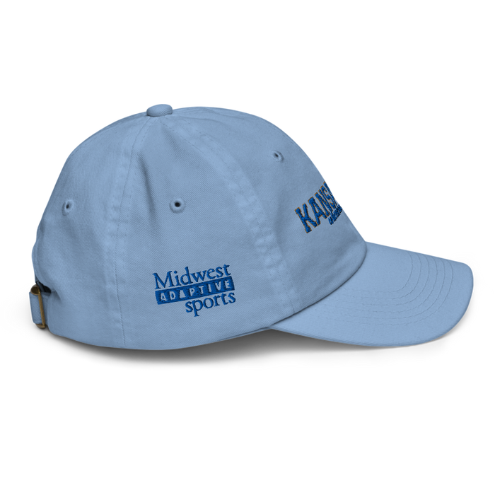 Right angle of the MAS Kansas City Wheelchair Softball Script Baby Blue Youth Dad Hat against a white background