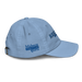 Right angle of the MAS Kansas City Wheelchair Softball Script Baby Blue Youth Dad Hat against a white background