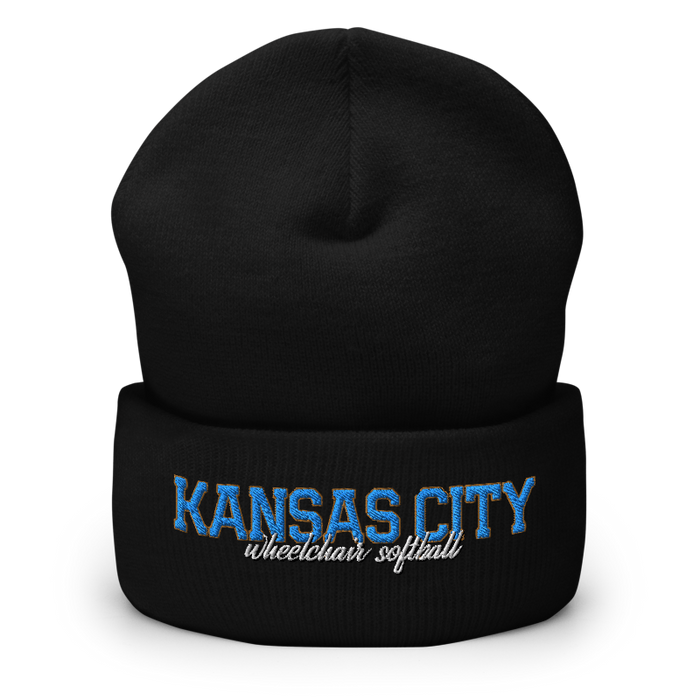Front angle of the MAS Kansas City Wheelchair Softball Script Black Beanie against a white background