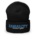 Front angle of the MAS Kansas City Wheelchair Softball Script Black Beanie against a white background