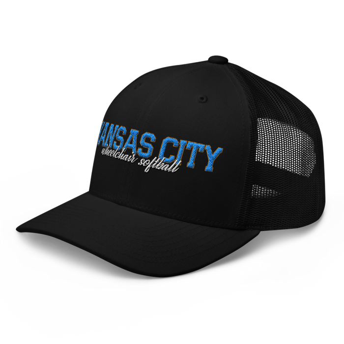 Front left angle of the MAS Kansas City Wheelchair Softball Script Black Curved Bill Trucker Snapback against a white background