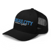 Front left angle of the MAS Kansas City Wheelchair Softball Script Black Curved Bill Trucker Snapback against a white background