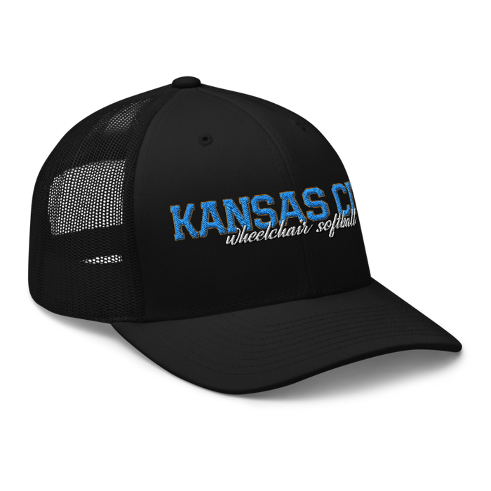 Front right angle of the MAS Kansas City Wheelchair Softball Script Black Curved Bill Trucker Snapback against a white background