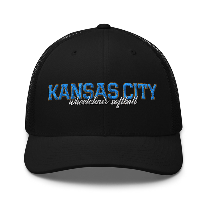 Front angle of the MAS Kansas City Wheelchair Softball Script Black Curved Bill Trucker Snapback against a white background