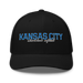 Front angle of the MAS Kansas City Wheelchair Softball Script Black Curved Bill Trucker Snapback against a white background